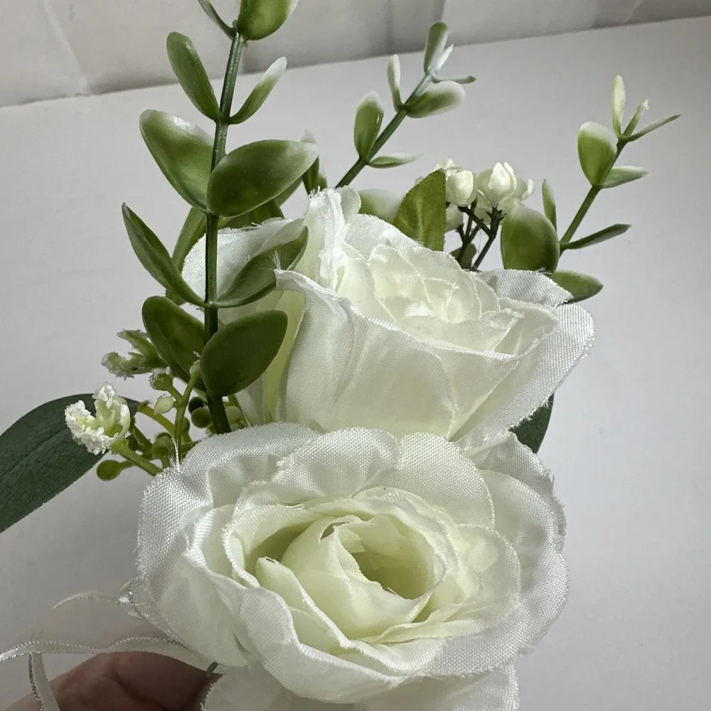 Corsage and Boutonniere Set Cream Ivory Roses Baby's Breath Greenery Handmade